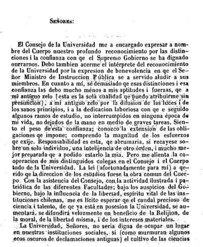 El discurso fue publicado en el primer número de la revista Anales de la Universidad de Chile.