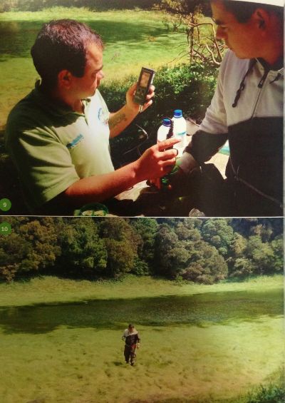 Personal de CONAF realizando mediciones y observaciones en el Humedal "Laguna Hermosa" en la Reserva Nacional Isla Mocha , Región del Bío Bío.