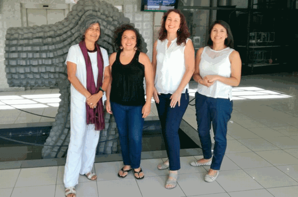 La encargada de difusión del Programa de Riesgo Sísmico de U. de Chile, Sandra Rojas, junto al resto del equipo de la Facultad de Ciencias Físicas y Matemáticas.