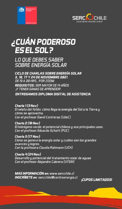 Cómo la energía del sol se transforma en energía eléctrica, el potencial del hidrógeno verde y tratamientos solares para la descontaminación del agua son algunos de los temas que se abordarán.