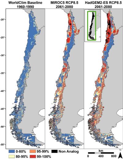 Los índices de mayor riesgo climático para la vegetación nativa local se registran en la cordillera de los Andes y sectores de la cordillera de la Costa, en la zona centro-sur del país.