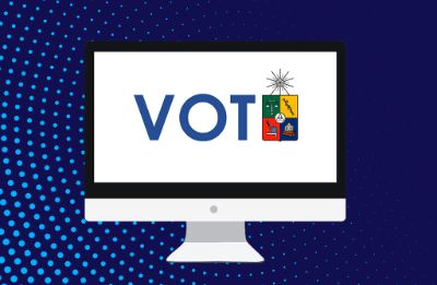 Logo del voto electrónico, en el centro se ve un monitor de computador con la palabra VOTO y el logo Uchile